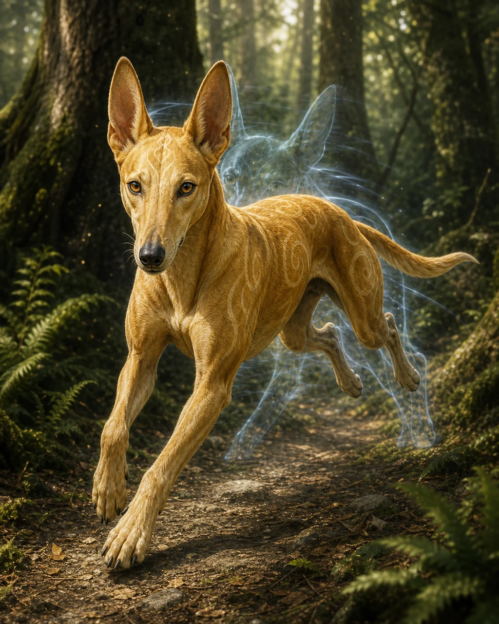 A golden blink dog reappears in a running bound on a forest path with a pale afterimage behind it.