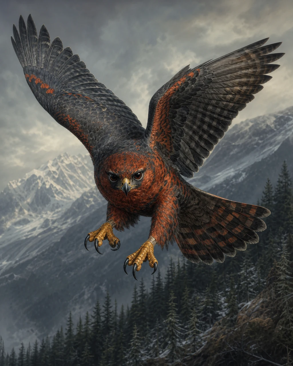 A rust-breasted blood hawk dives above a pine slope with slate wings tucked and talons extended.
