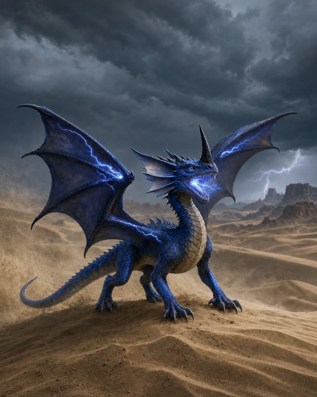 A blue dragon wyrmling rises from a storm-dark dune, single nasal horn high as lightning fills its jaws.