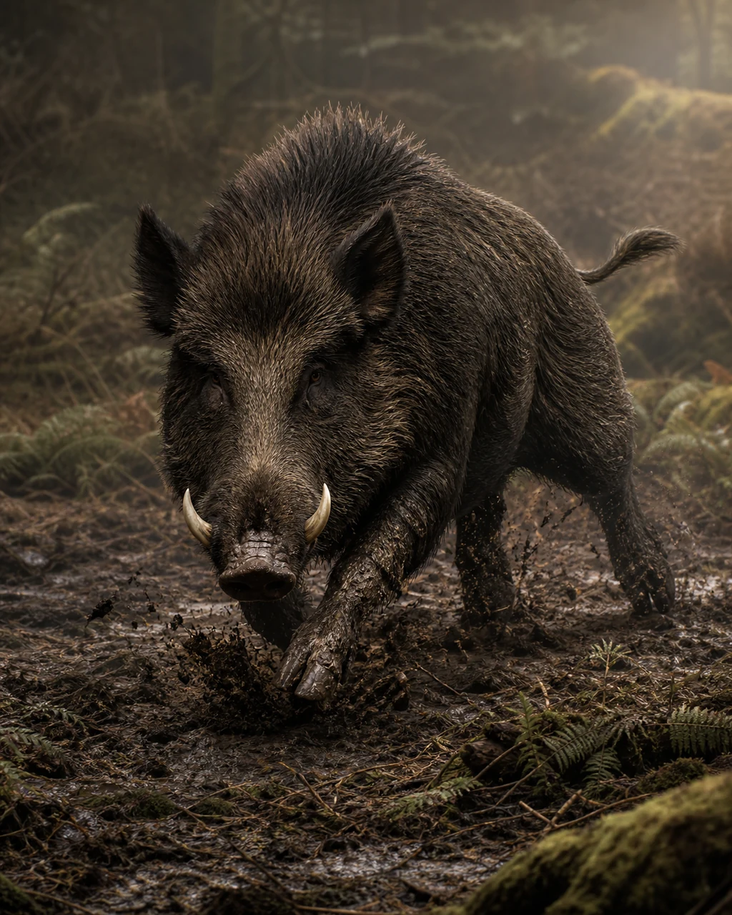 A dark bristled wild boar charges across wet forest earth with curved tusks lowered.
