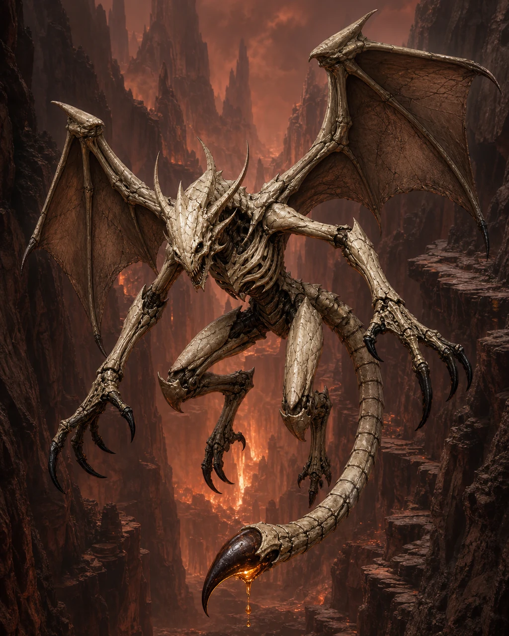 A gaunt bone devil dives through an infernal canyon with its segmented venomous tail thrust forward.