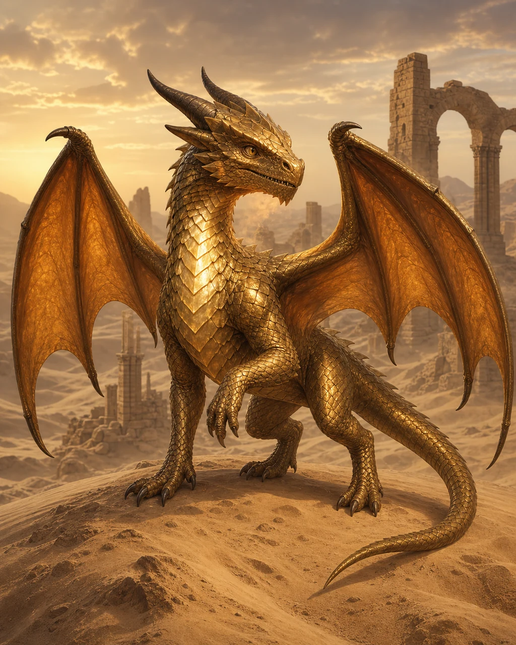 A young brass dragon stands on a dune with two wings half-open and its broad plated head raised.