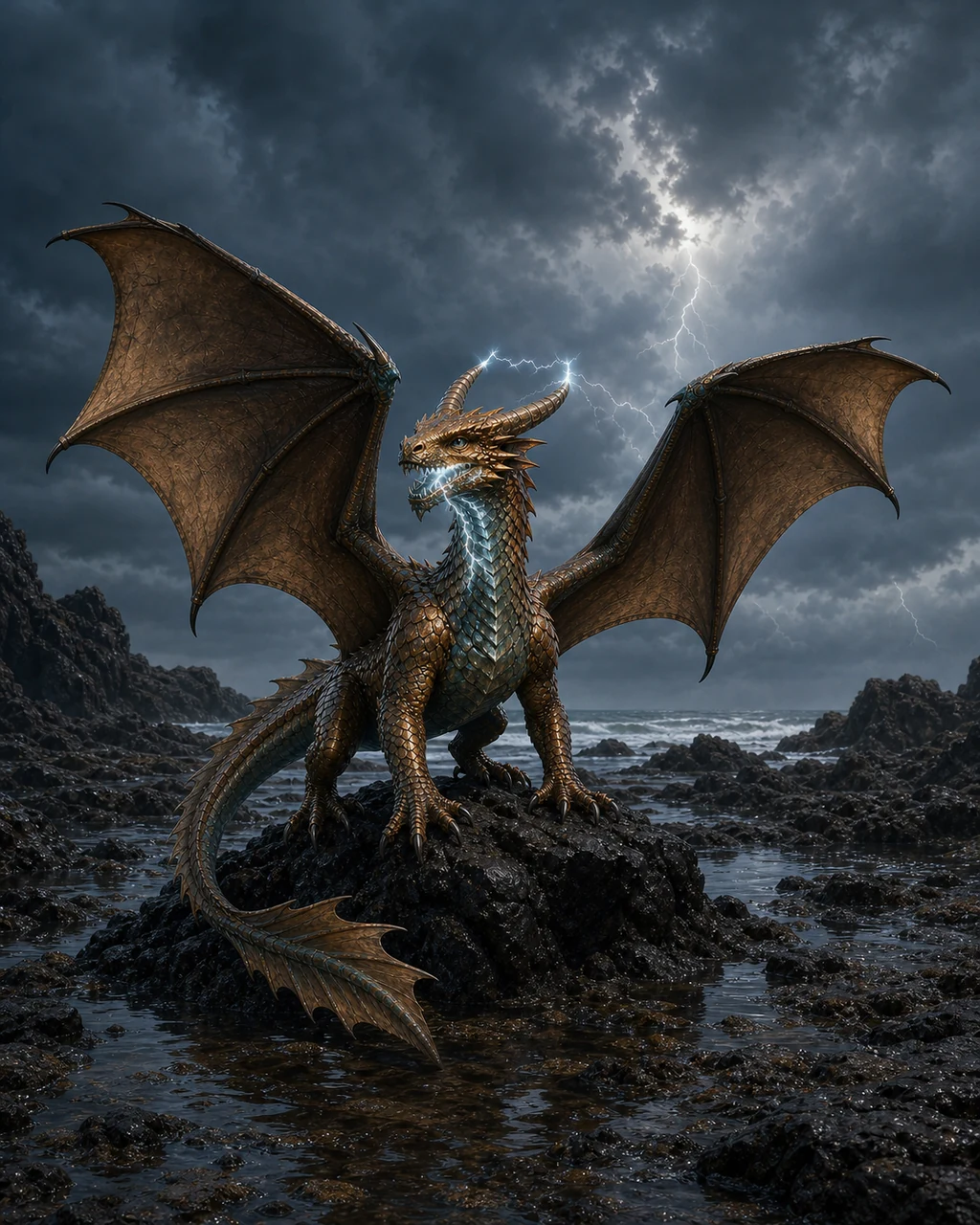 A bronze dragon wyrmling climbs from a tide pool as white lightning flickers between its swept horns.