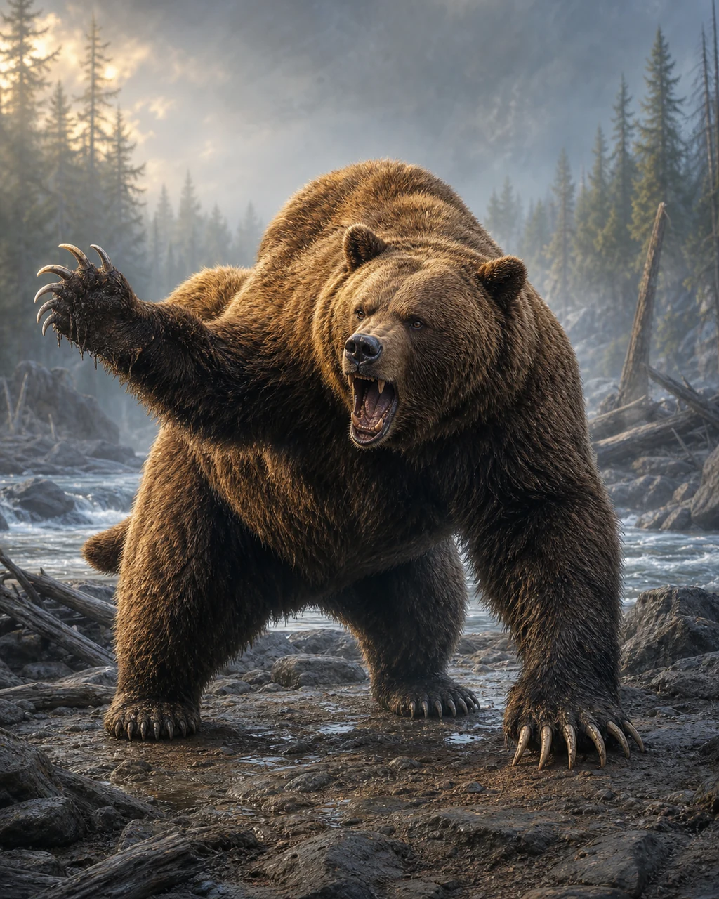 A huge grizzled brown bear rises beside a forest river with one broad clawed paw sweeping outward.