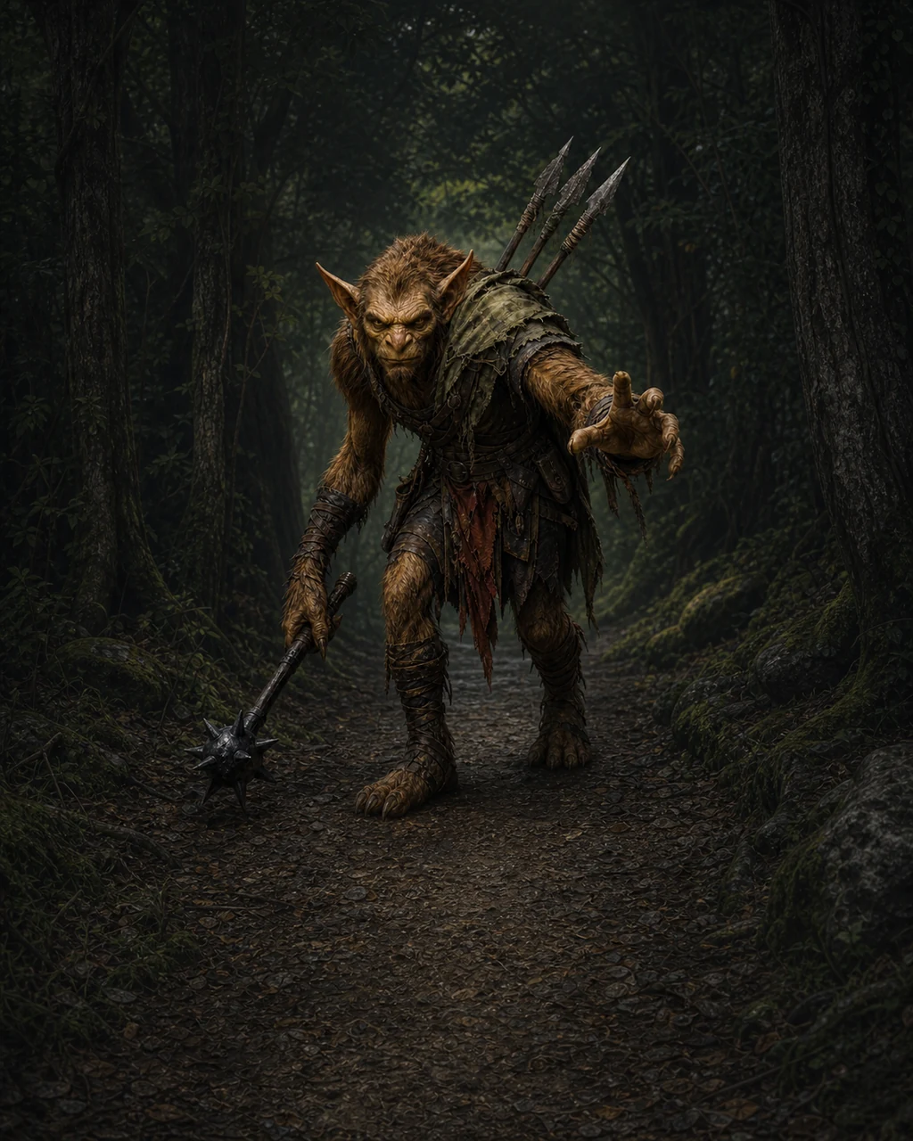 A long-armed ochre bugbear stalker steps from forest shadow with morningstar low and javelins on its back.