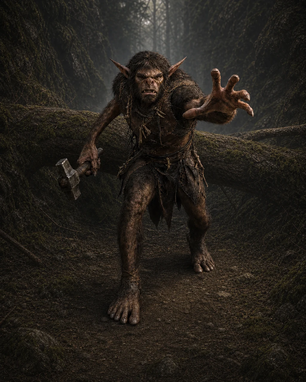 A hairy bugbear warrior lunges from a forest ravine with one long hand grabbing and a hammer raised.