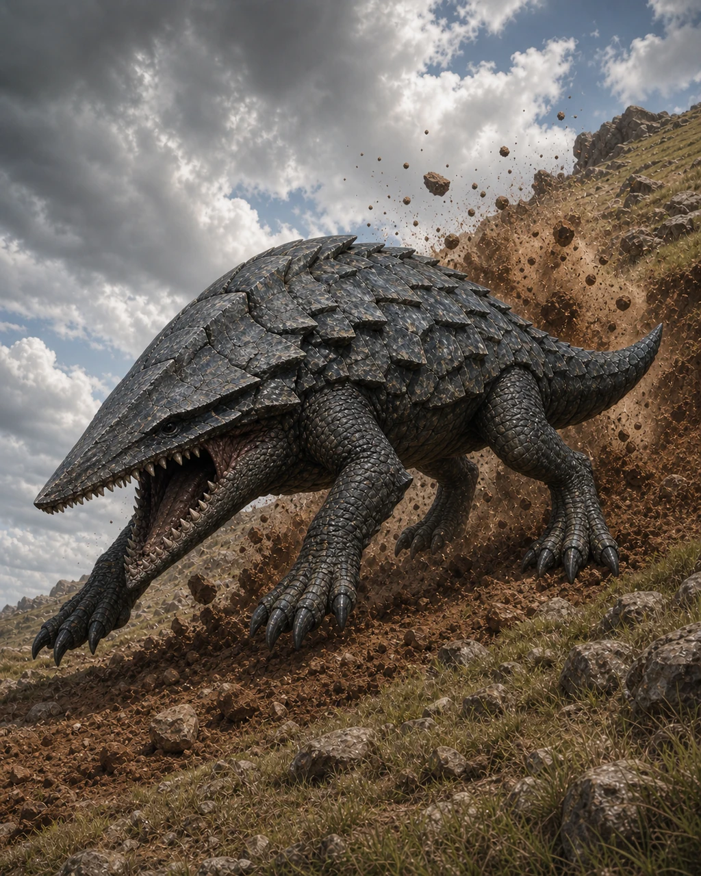 An armored bulette bursts from a rocky hillside with jaws open and earth scattering from its digging claws.