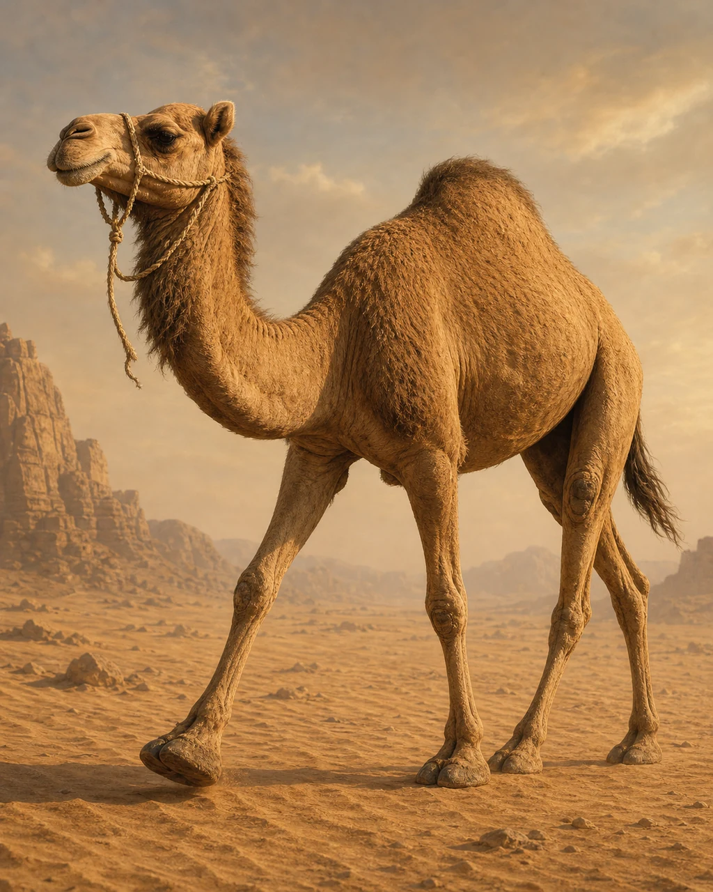 A one-humped sand-colored camel strides across a desert track on broad padded feet.