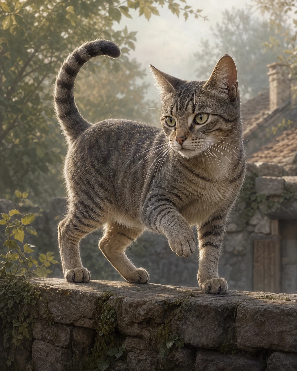 A lean gray tabby cat pauses on a garden wall with one paw raised and green-gold eyes alert.