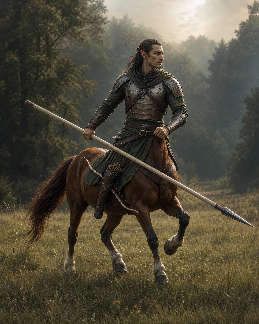 A chestnut centaur trooper advances across a meadow with pike lowered and longbow secured along the flank.