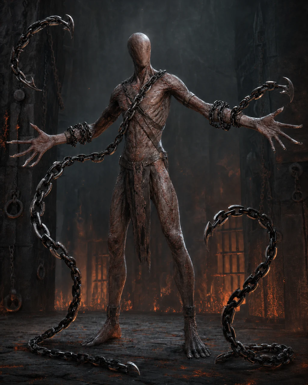 A scarred chain devil stands in an infernal prison as hooked black chains coil and strike around it.