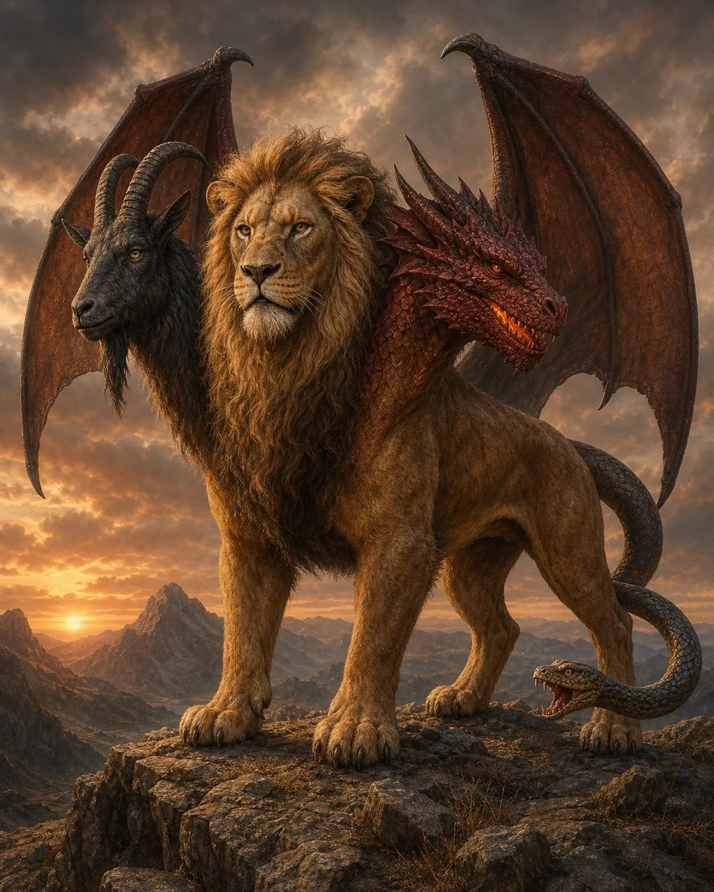 A three-headed chimera with lion body, goat and dragon heads, wings, and serpent tail leaps from a mountain ledge.