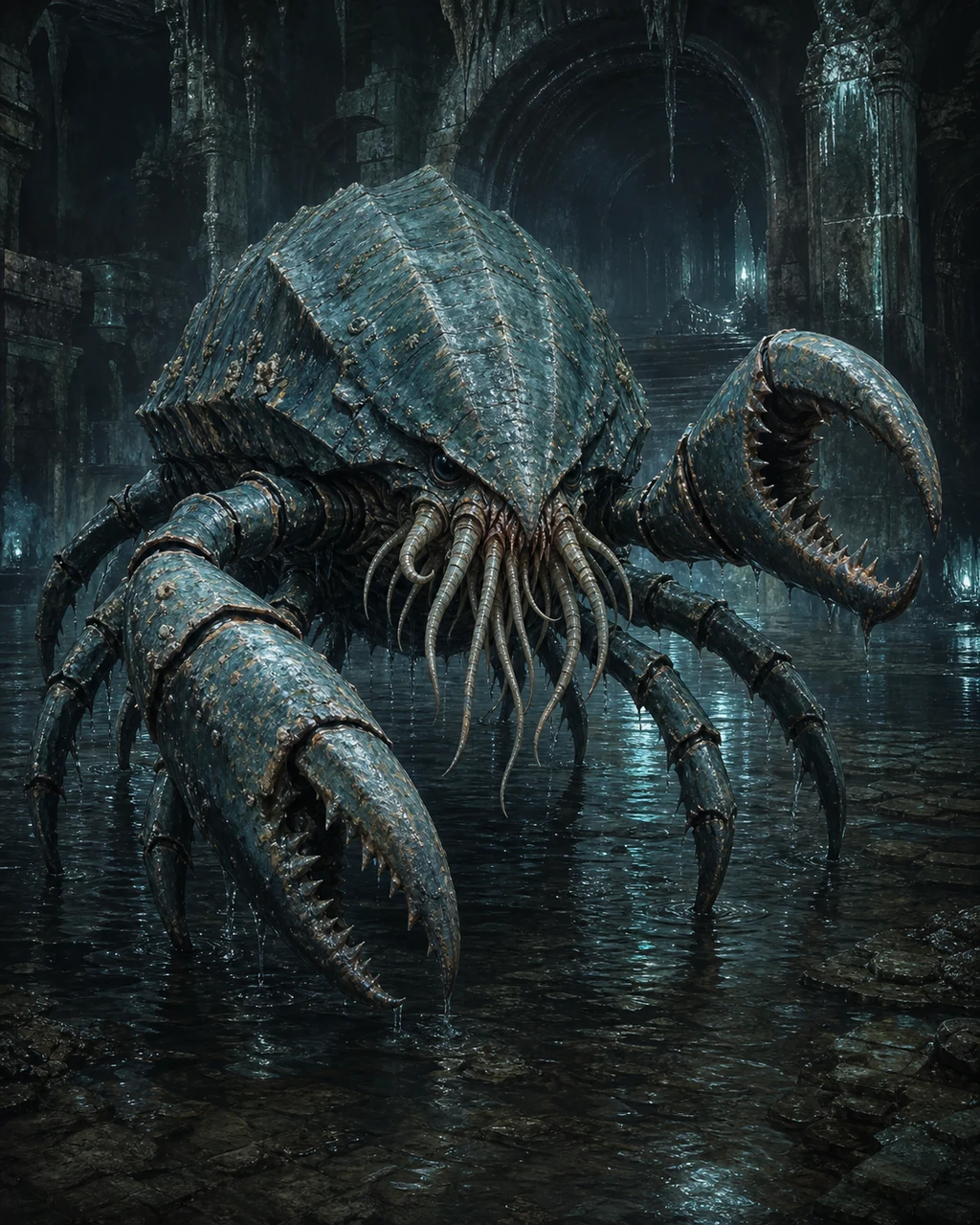 A blue-green chuul wades from cavern water with massive pincers open and pale mouth tentacles spread.