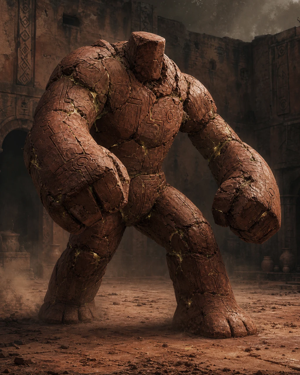 A massive terracotta clay golem raises both fists in an abandoned courtyard, acidic light glowing through its cracks.