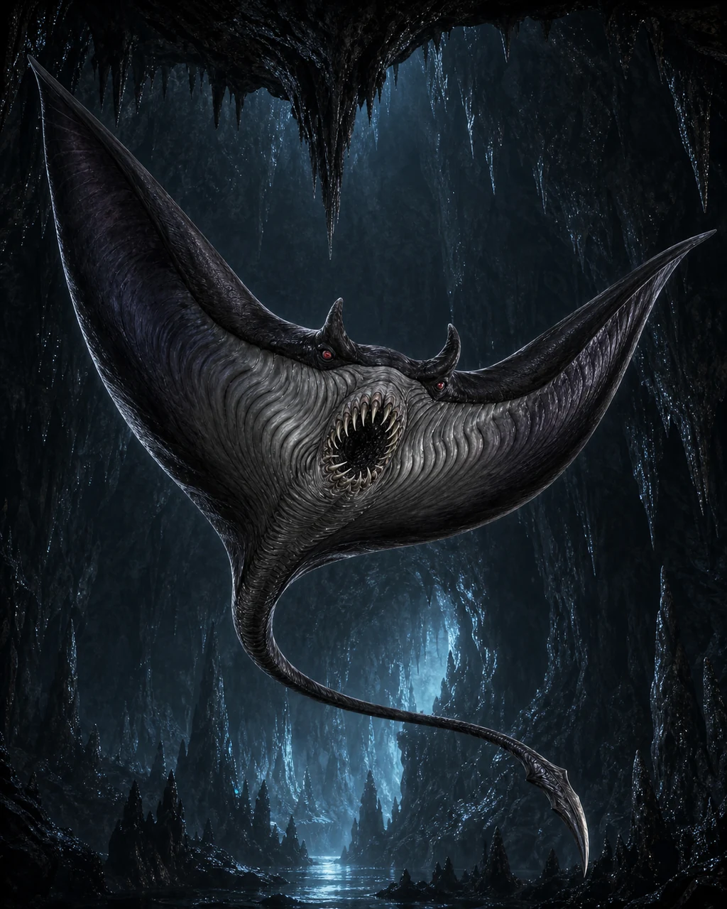 A black manta-shaped cloaker drops from a cavern ceiling, exposing its ribbed underside and hooked mouth.
