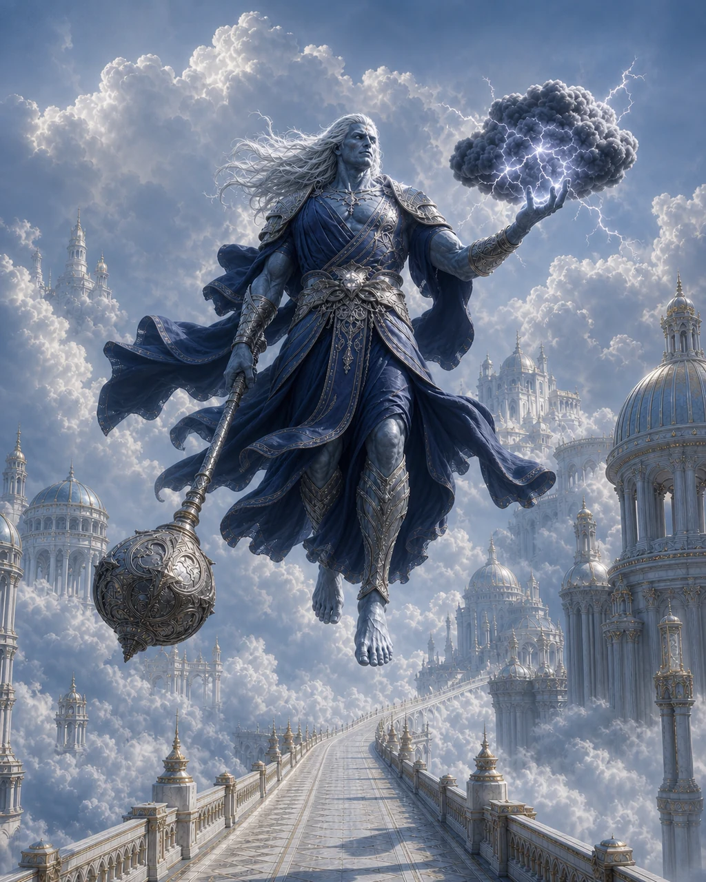 A regal blue-gray cloud giant hovers above a cloud bridge with a great mace and storm cloud in hand.