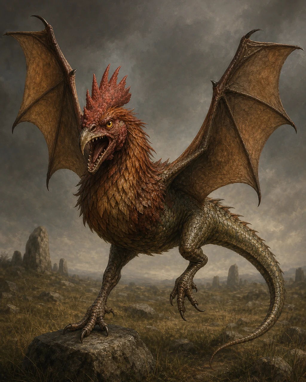 A rooster-headed cockatrice flares two leathery wings above its scaled body and long lizard tail.