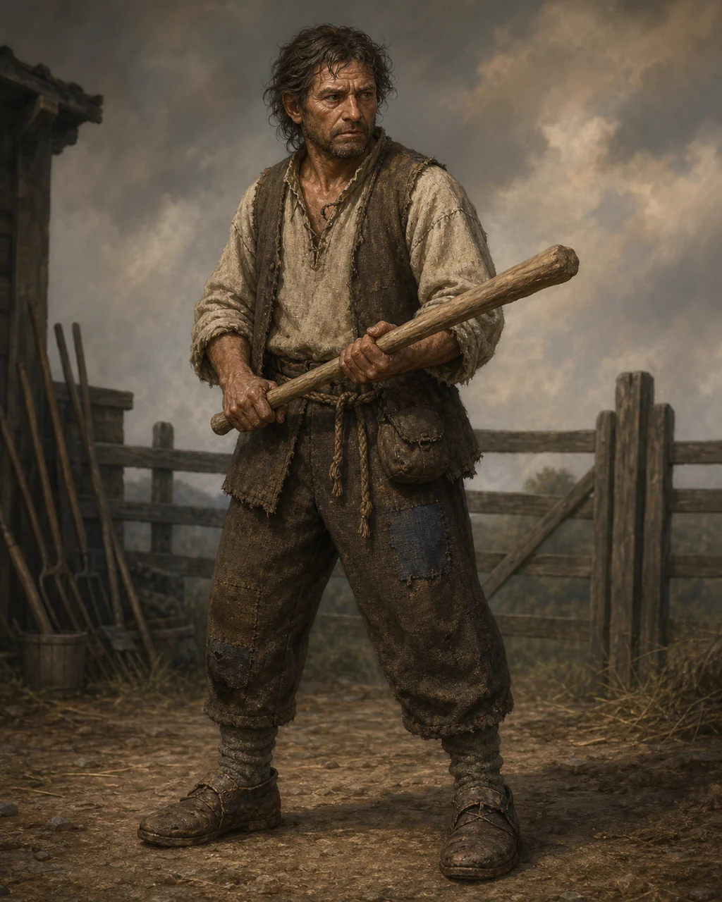 A compact adult commoner in patched work clothes holds a plain wooden club defensively in a farmyard.