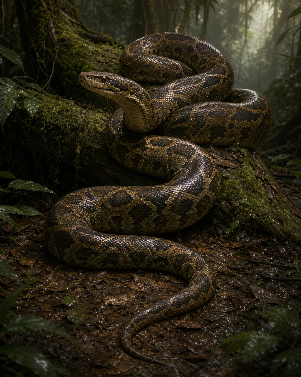 A large olive-and-brown constrictor coils around a mossy trunk with its broad head raised.