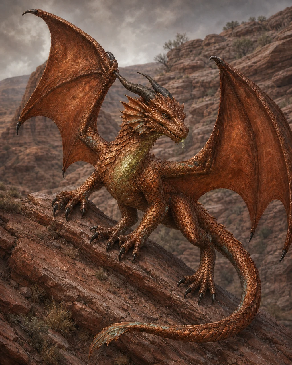 A young copper dragon clings to a red-rock slope with two wings opening and cheek frills visible.