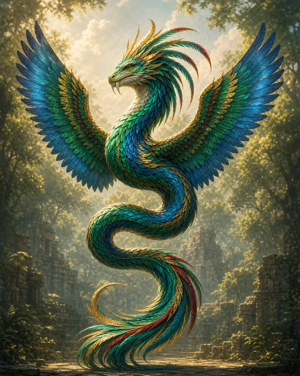 An iridescent feathered couatl coils in the air with broad wings spread above a misty temple clearing.