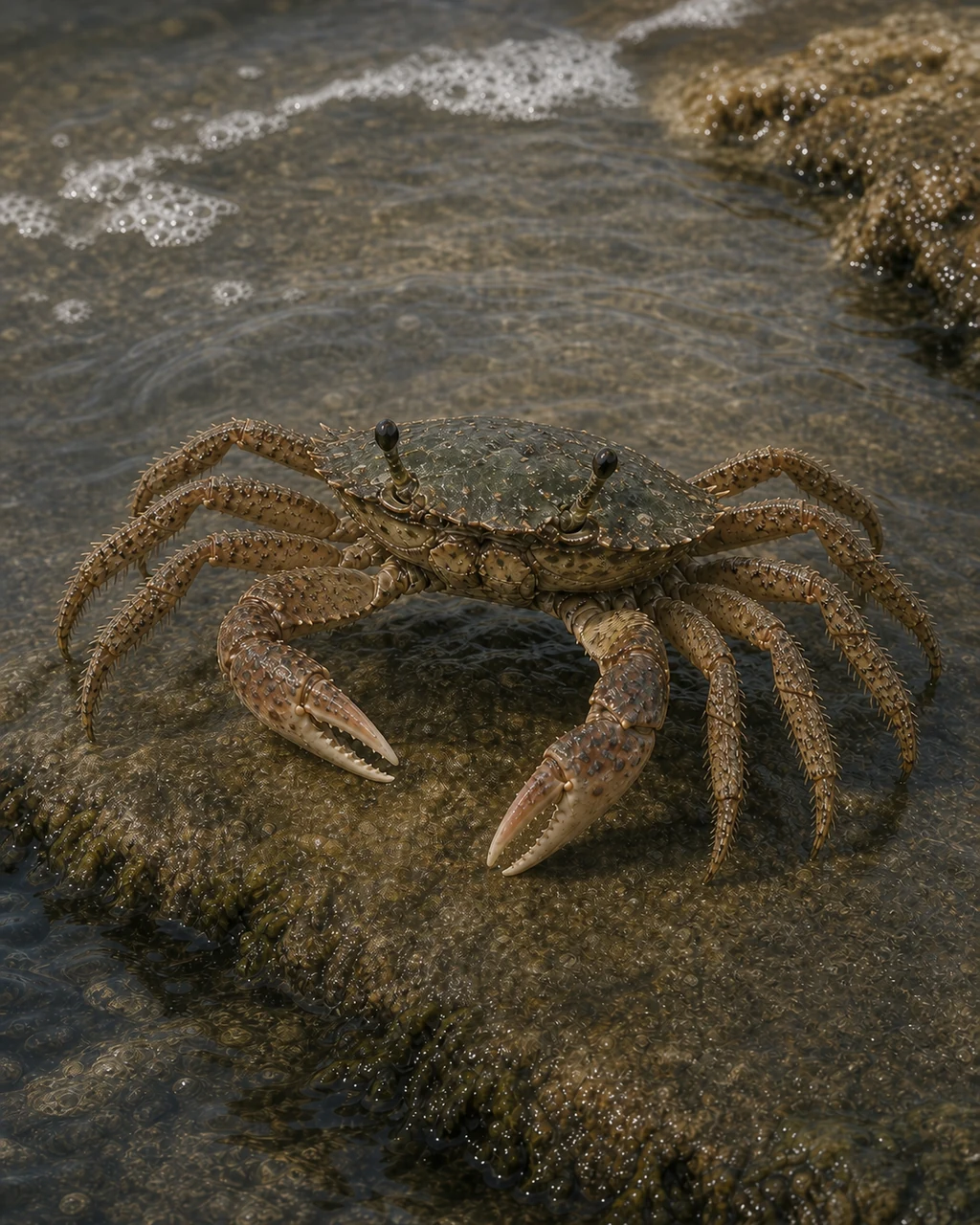A mottled shore crab scuttles sideways over a wet tide-pool rock with one pincer raised.