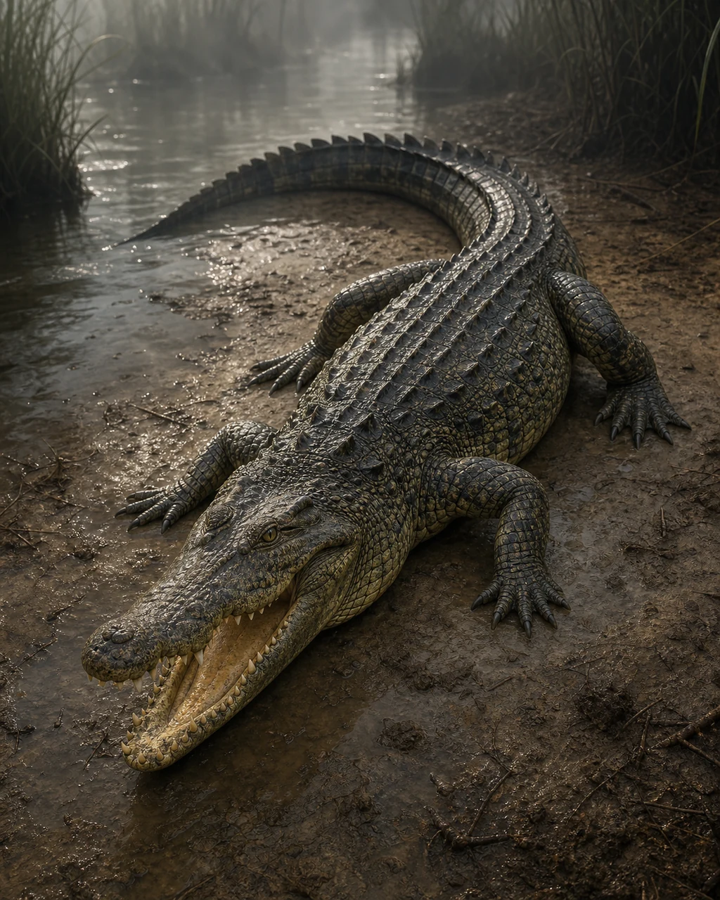 A large olive crocodile surges from a swamp channel with armored back, jaws open, and water spraying.
