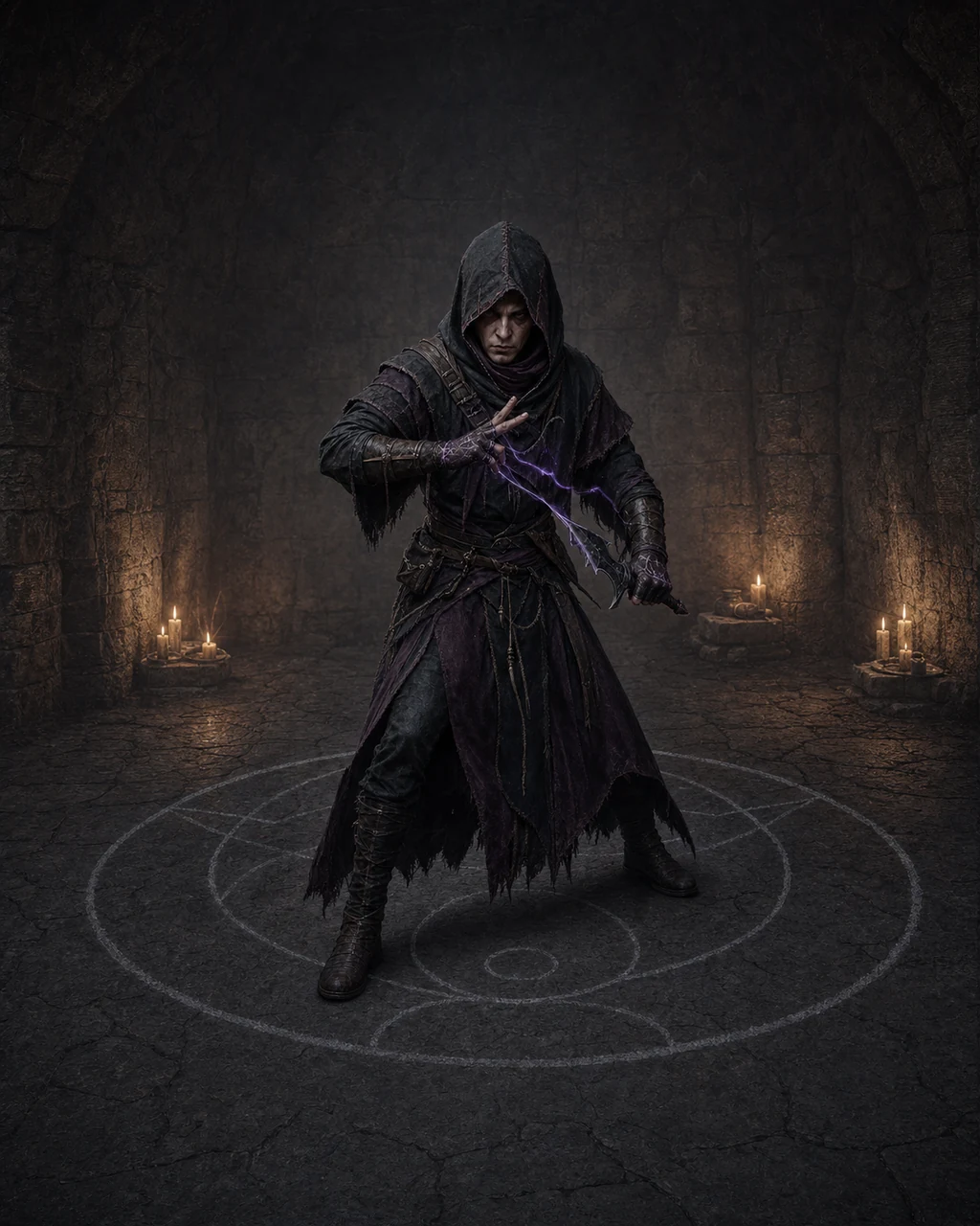 A hooded cultist fanatic grips a dark pact blade as violet necrotic light threads across a ritual glove.