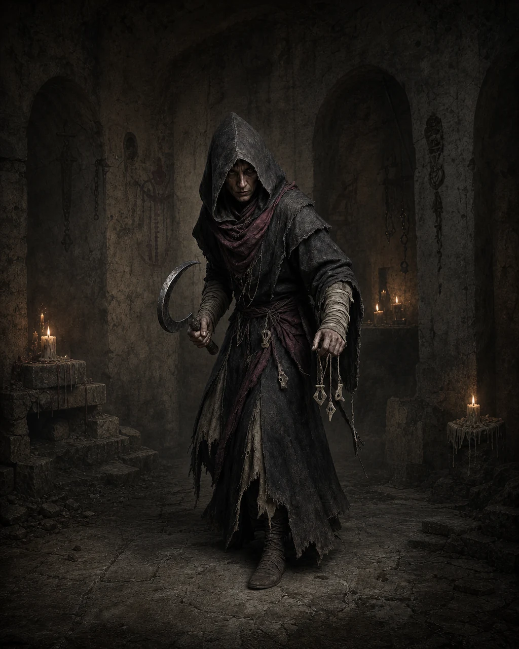 A compact hooded cultist advances through a ruined cellar shrine with an iron ritual sickle.