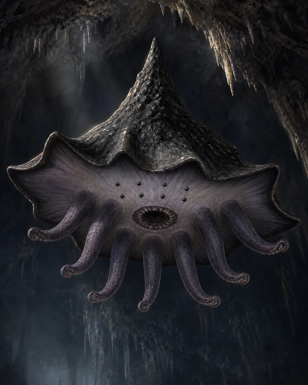 A charcoal darkmantle drops from a cavern ceiling with its broad mantle spread and eight tentacles open.