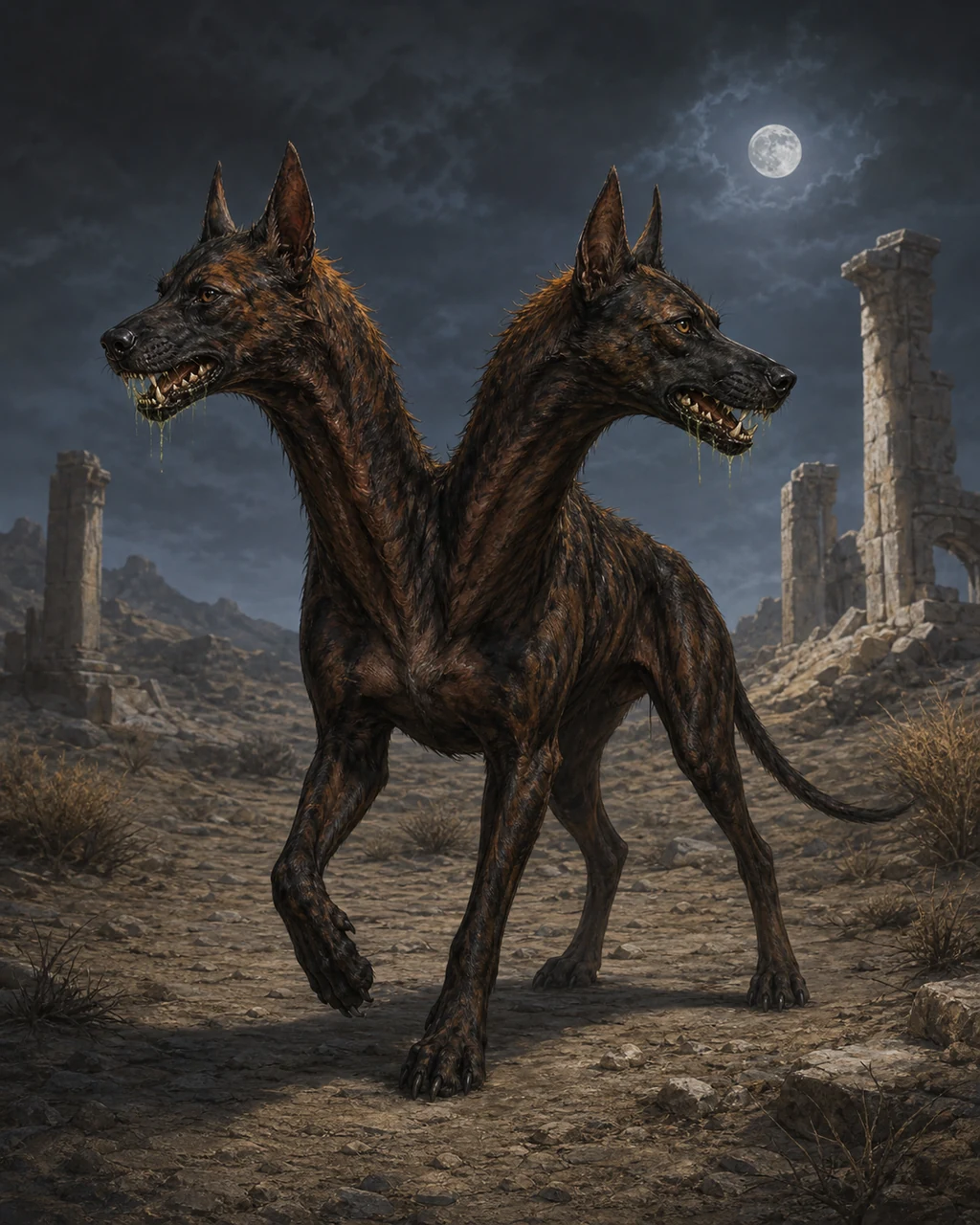 A two-headed rust-black death dog stalks through a desert ruin with both muzzles snarling.