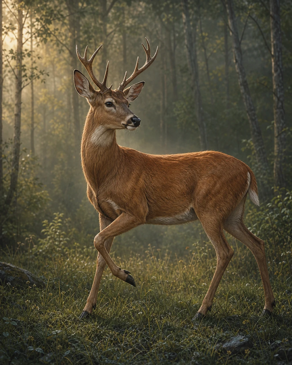 A russet deer pauses mid-step in a dawn forest glade, antlered head turned toward a sound.