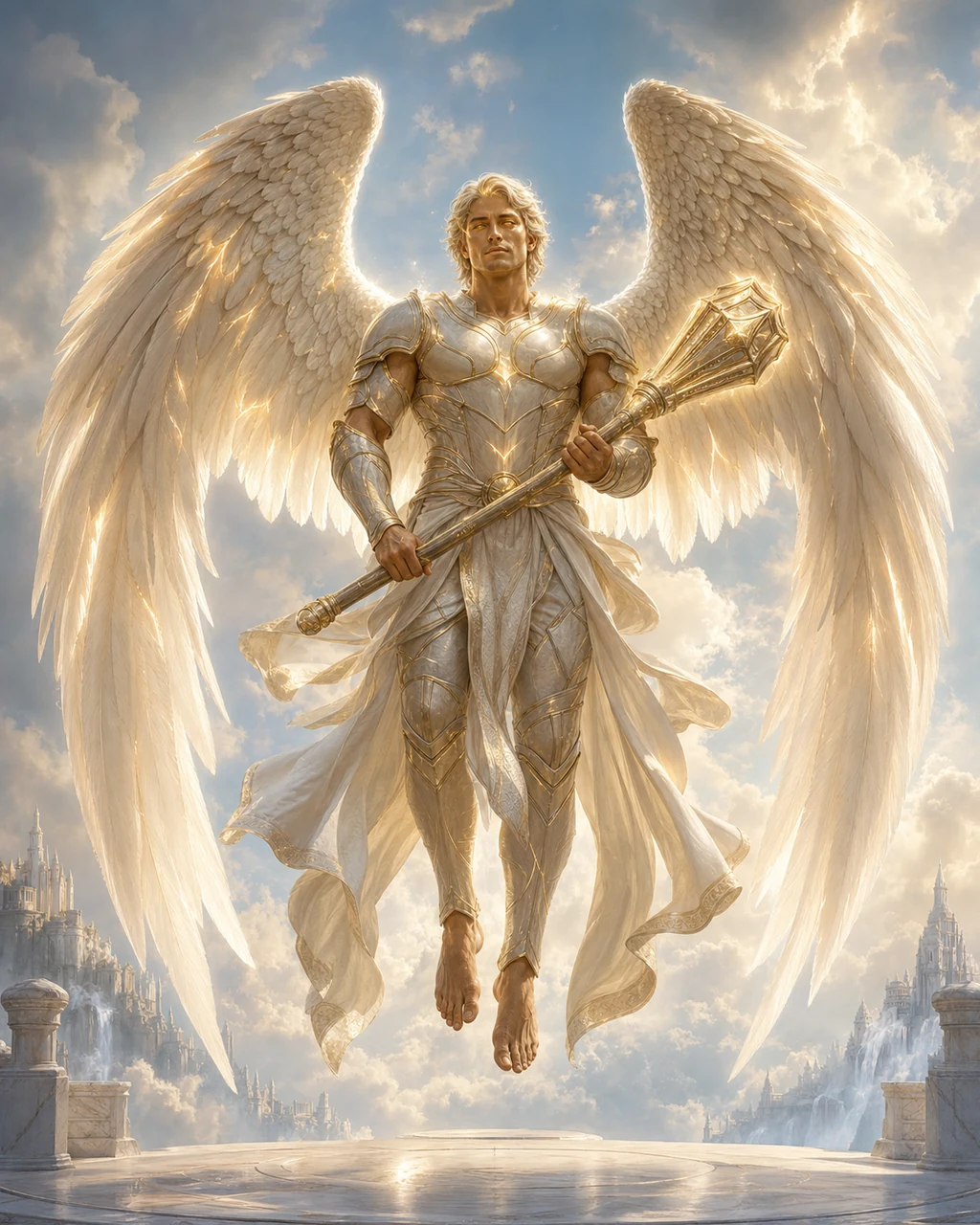 A winged deva hovers above pale stone with a radiant mace held protectively across its body.