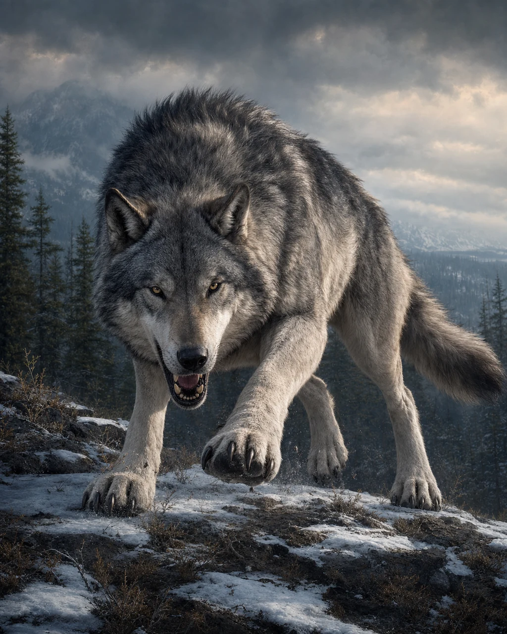 A pony-sized silver-gray dire wolf charges along a snowy ridge with jaws open and one broad paw forward.