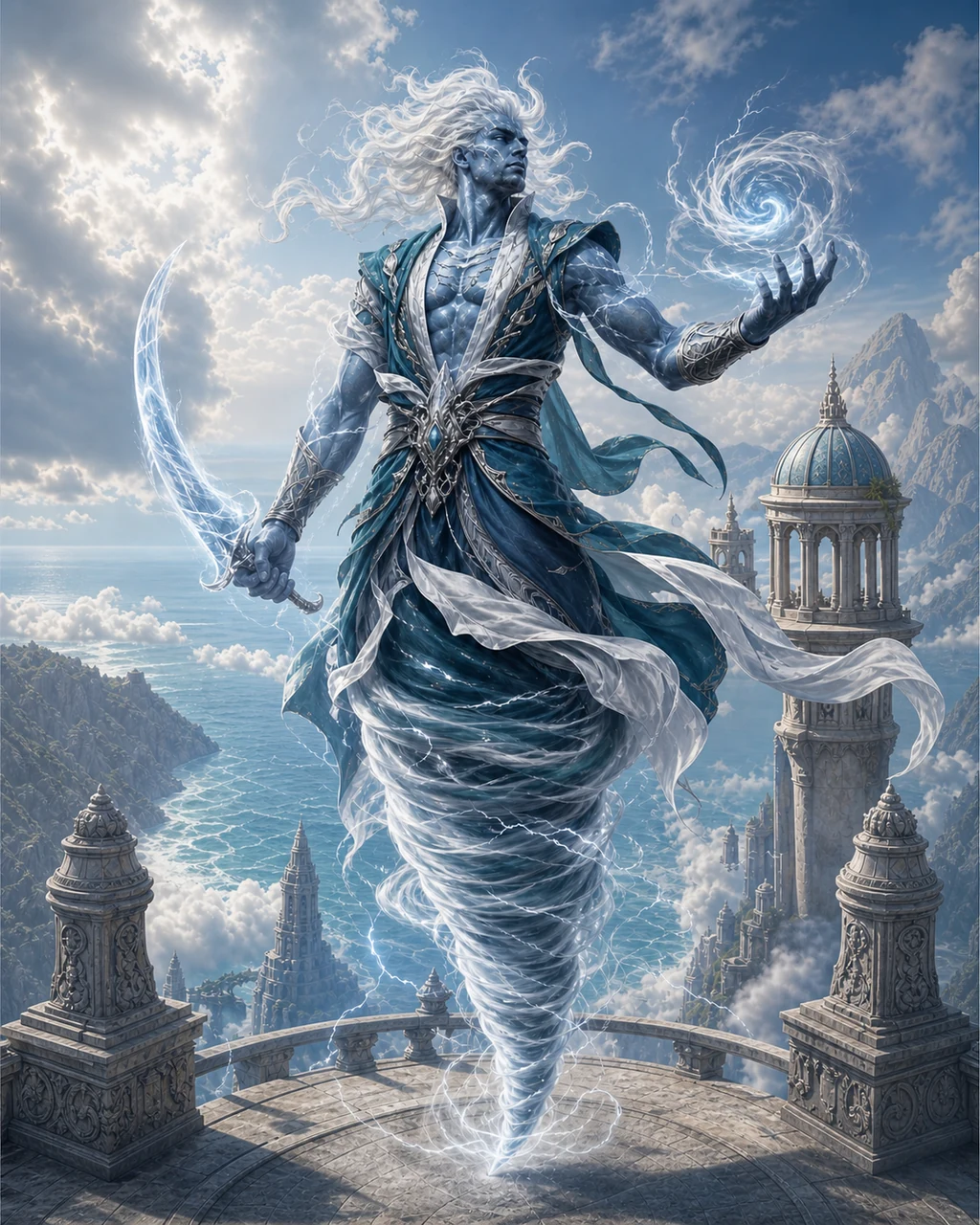 A cloud-haired djinni hovers above a coastal terrace with a storm blade and whirlwind coiling around one hand.