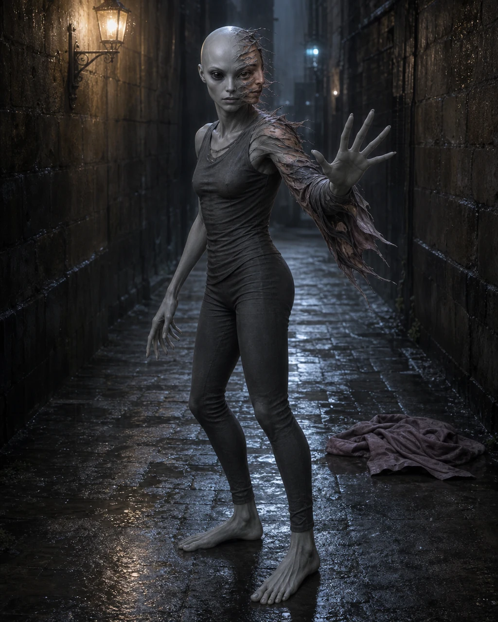An ash-gray doppelganger turns in a narrow alley as a borrowed human face ripples away from its blank true form.