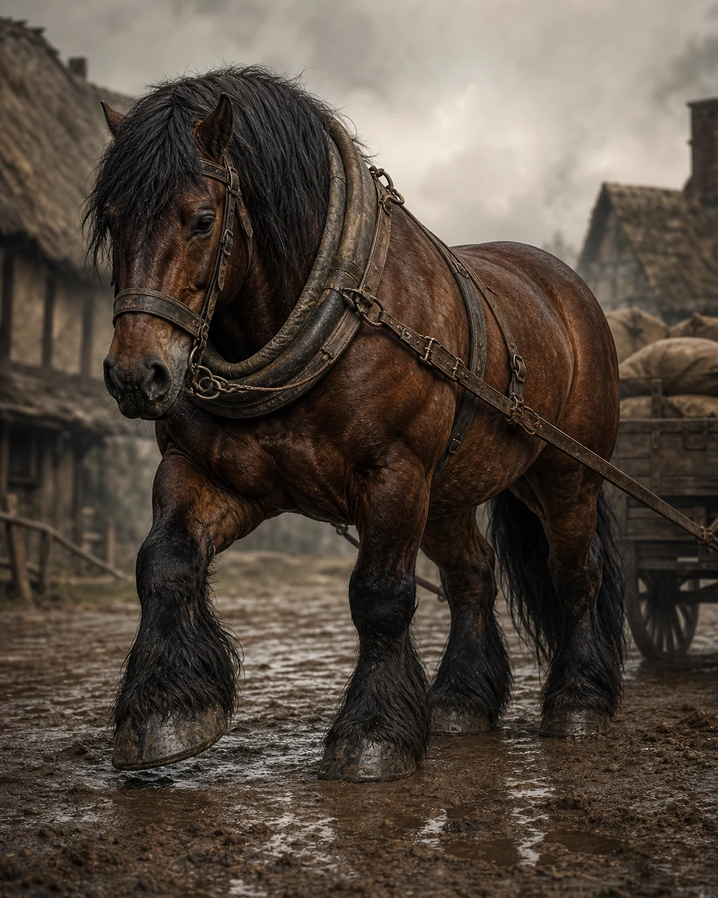 A powerful dark bay draft horse leans into a plain work harness on a muddy village lane.