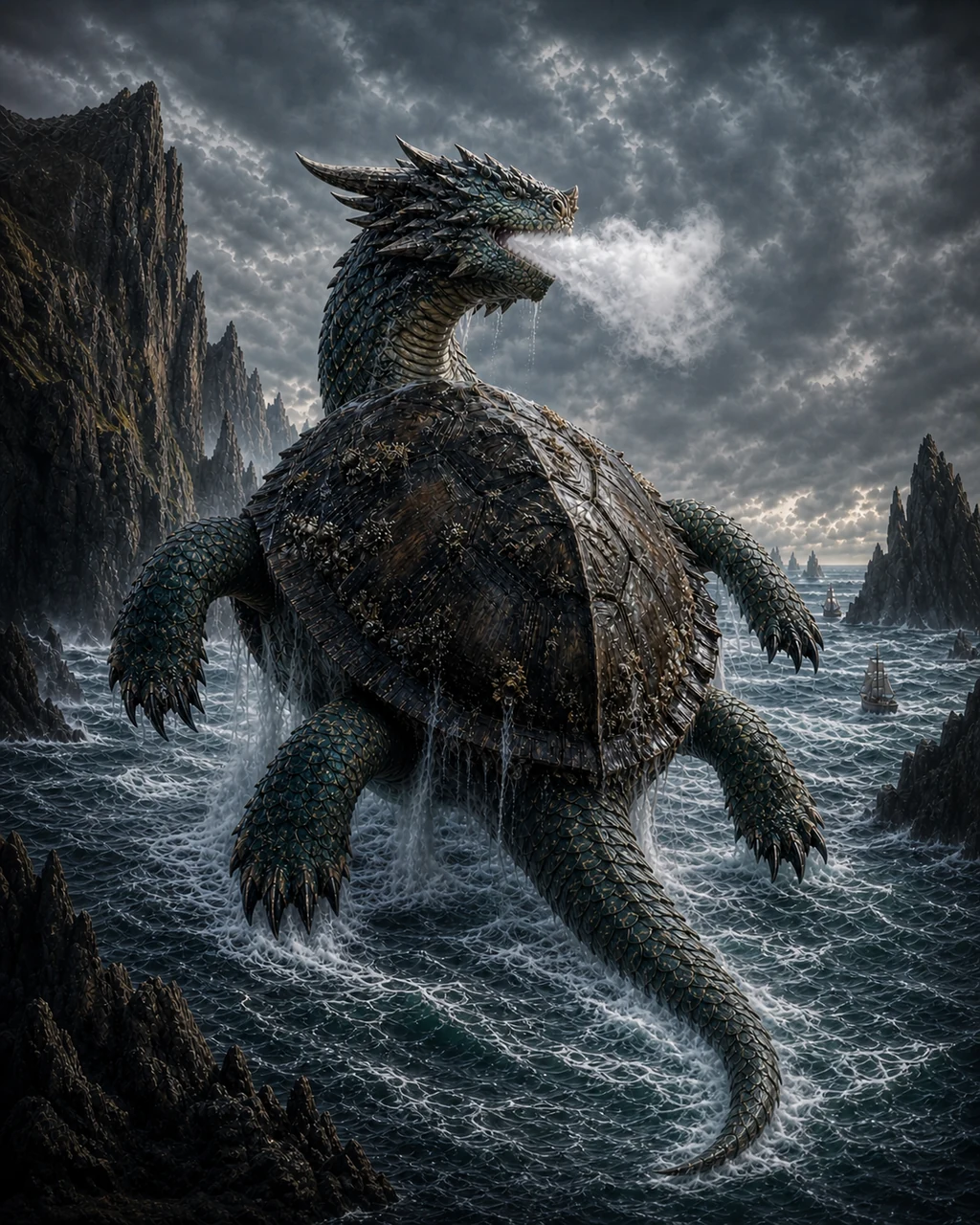 A gargantuan dragon turtle rises between sea cliffs and blasts white steam over the waves.