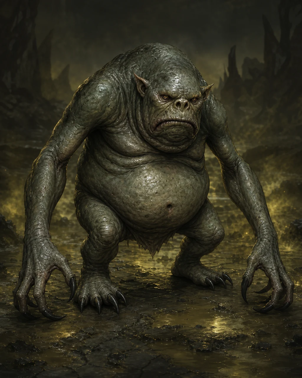 A squat gray-green dretch hunches over cracked stone as yellowish fetid vapor gathers around it.