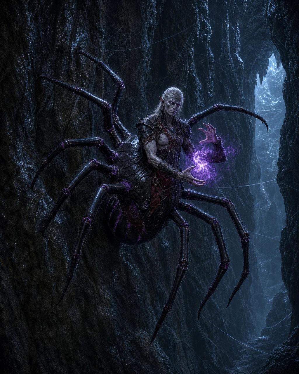 A pale drider clings to an Underdark wall on eight black spider legs while gathering violet poison.