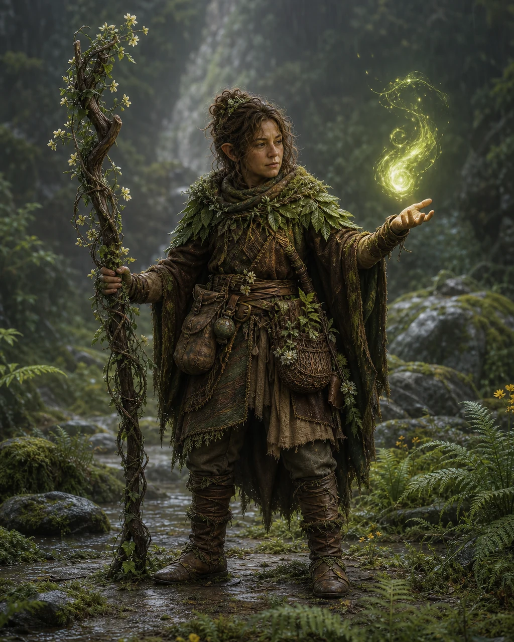A compact forest druid guides a green-gold wisp beside a vine-wrapped staff in a rain-fresh glade.