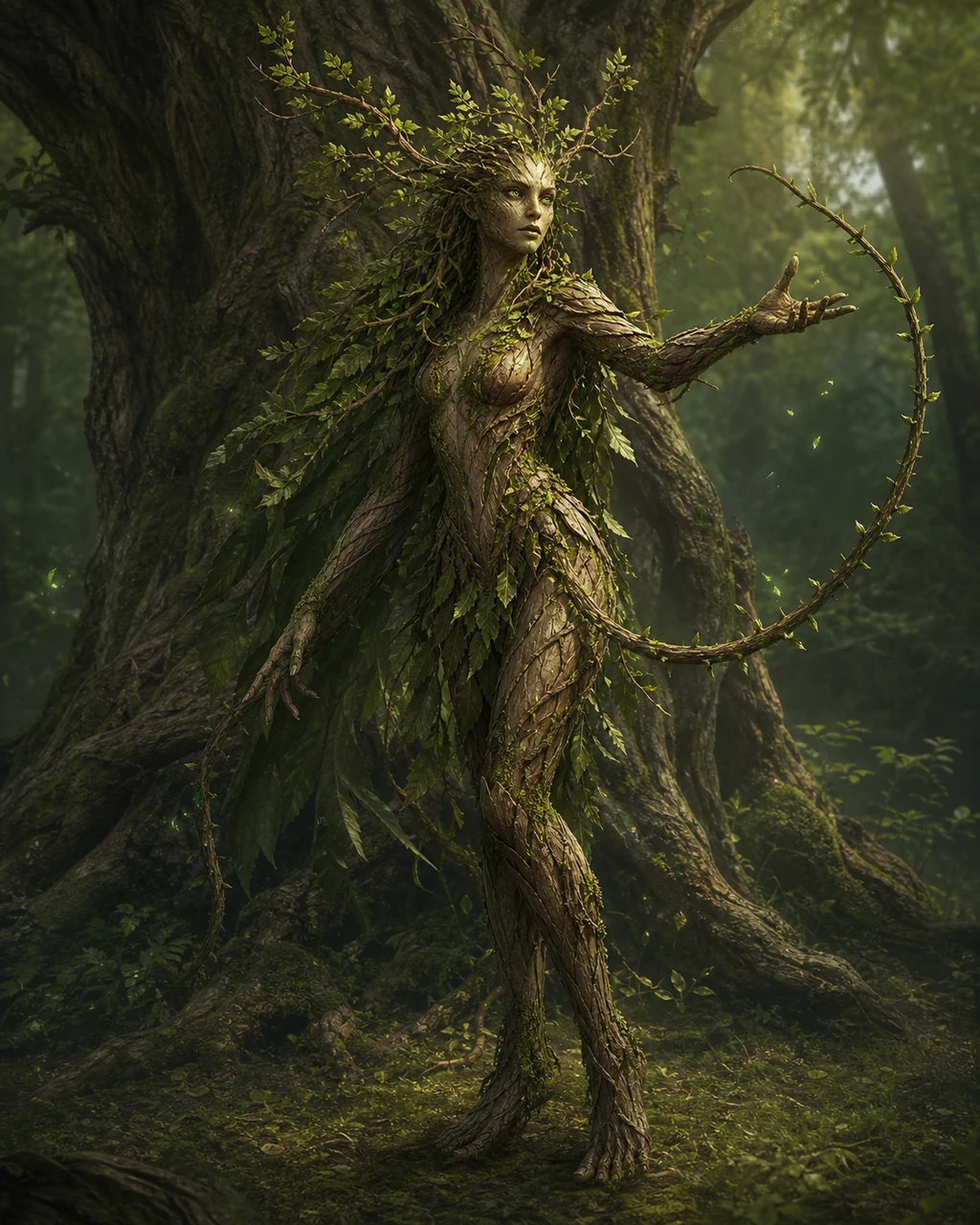 A bark-skinned dryad emerges from an ancient tree while sweeping a thorned vine through the green-lit grove.