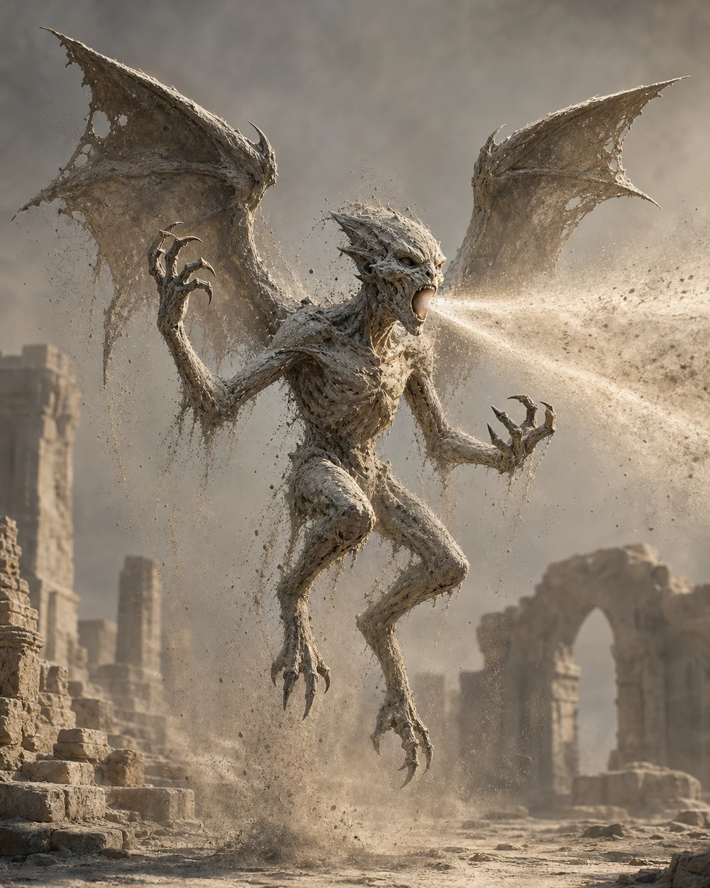 A small gray dust mephit hovers in a ruined hall while blasting a cone of blinding grit.