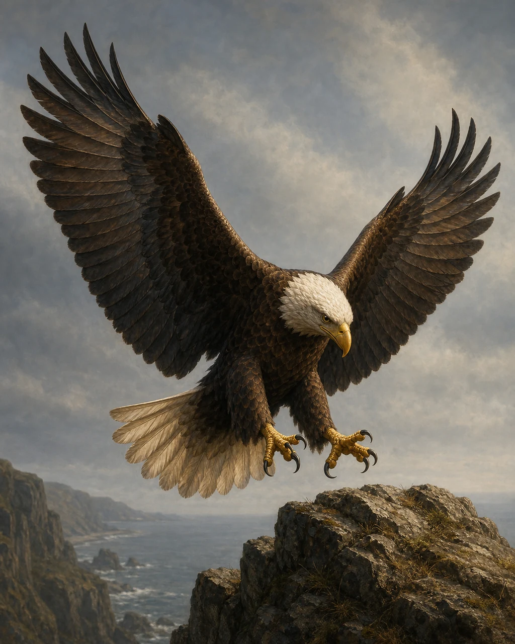 A brown-and-cream eagle banks toward a coastal cliff with its broad wings cupped and talons extended.