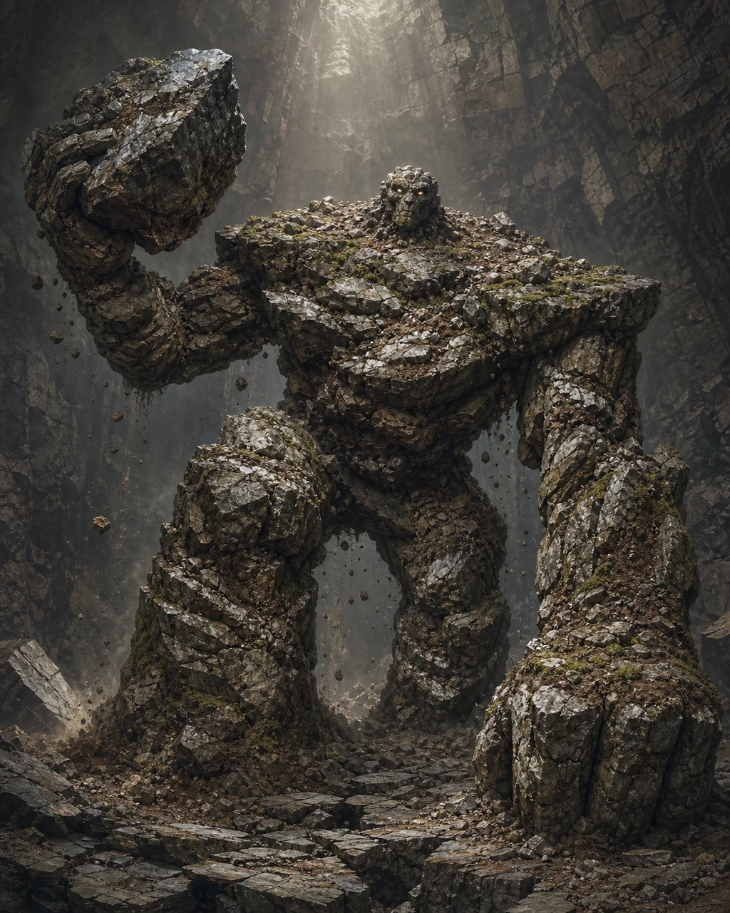 A hulking earth elemental rises through fractured granite with a boulder raised in one massive hand.