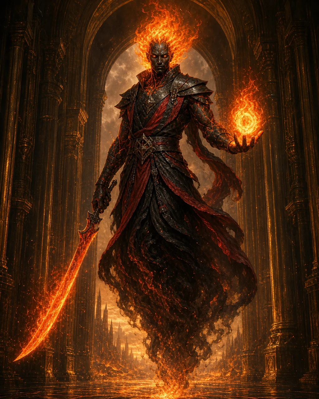 A coal-dark efreeti hovers in a furnace hall with flaming hair, a red-hot blade, and fire in one palm.