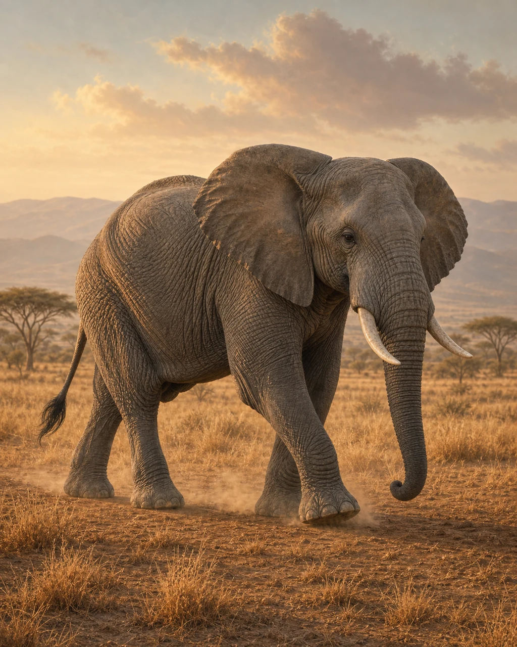 A huge gray elephant strides through dusty grassland with ears spread, trunk curled, and two ivory tusks forward.
