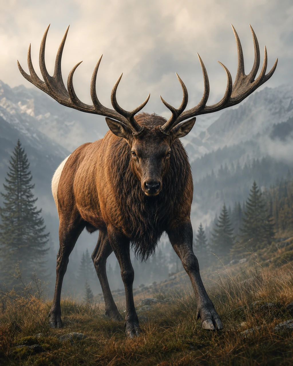 A large russet elk drives through a mountain meadow with its broad antler rack lowered.