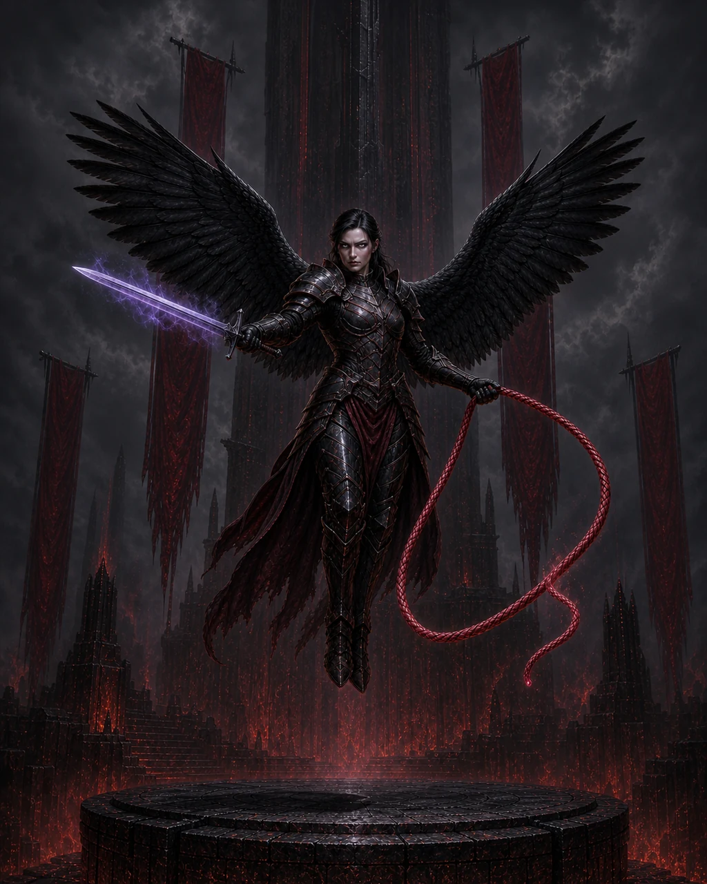 A black-winged erinyes hovers over an infernal tribunal with sword drawn and enchanted rope circling.