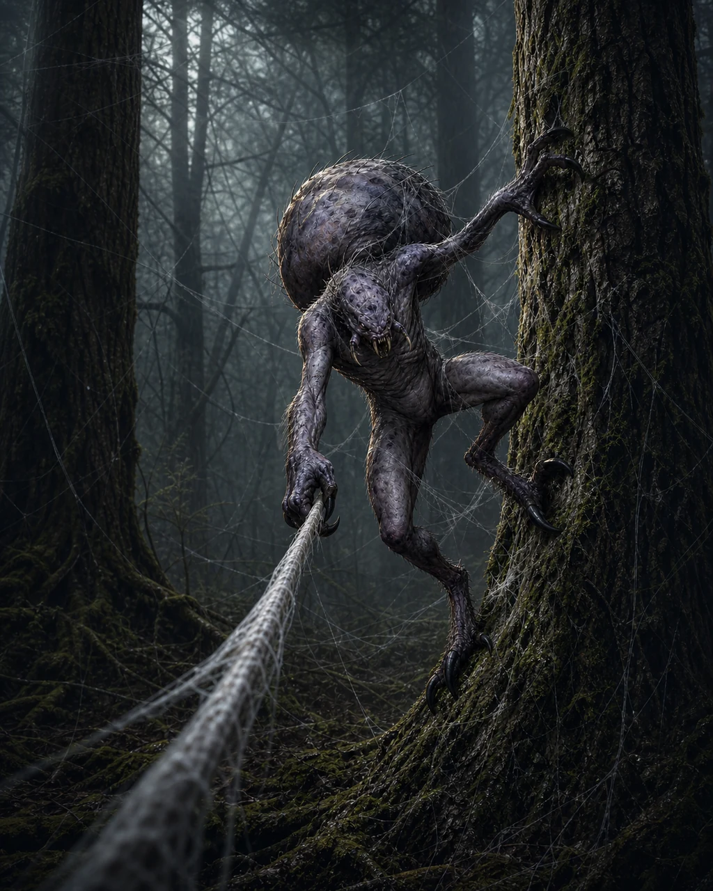 A bristled ettercap clings sideways to a webbed tree and casts a thick strand from one clawed arm.